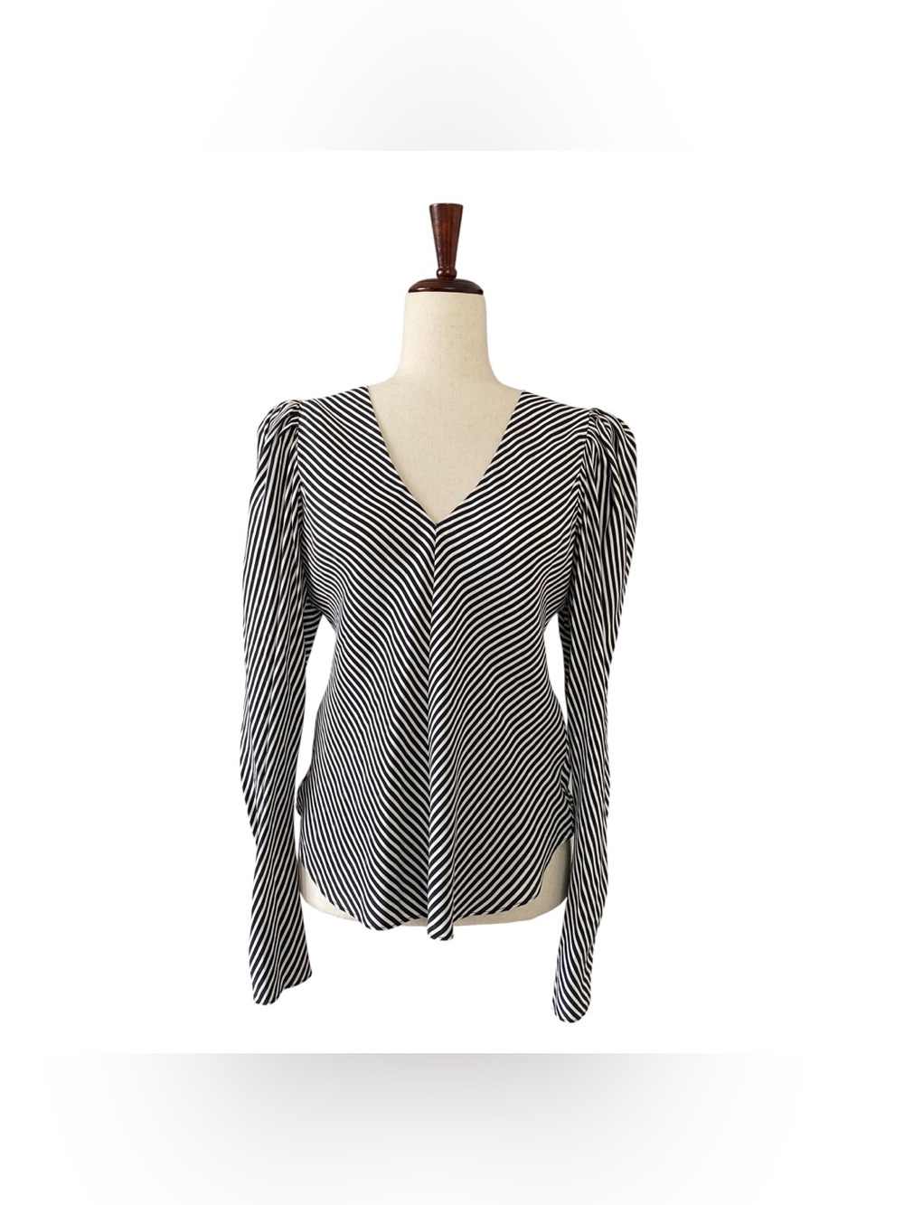 FRAME Noir Silk Heart Print Multi Striped Shirred V-Neck Long Sleeve Top XS